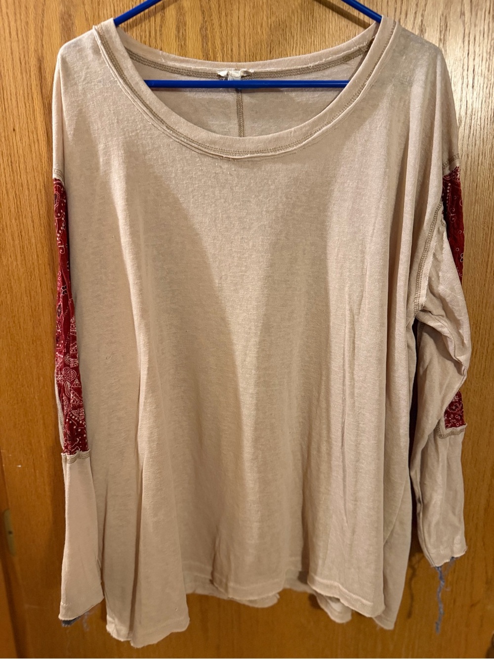 POL Beige Scoop-Neck Long Sleeve Top with Red Bandana Sleeve Panels